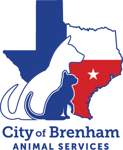 City of Brenham animal services logo - outline of dog and cat on top of shape of texas.