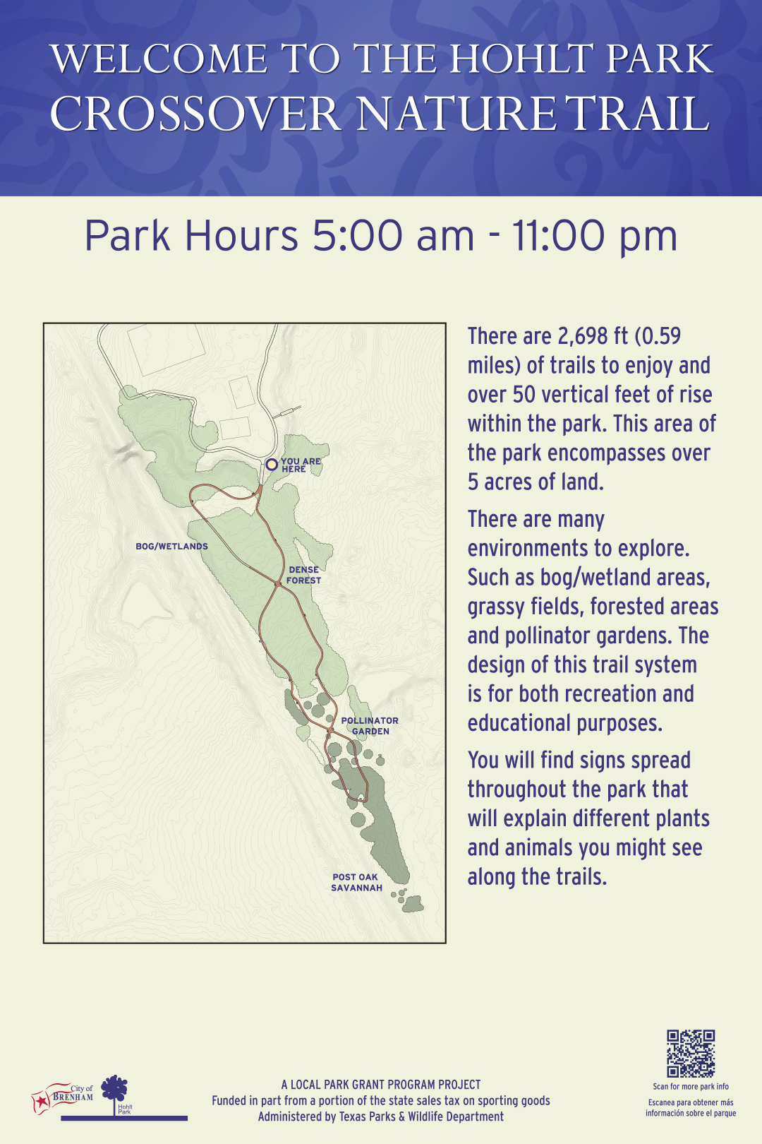 Hohlt Park Crossover Nature Trail welcome sign - Park Hours 5 am - 11 pm - There are 2,698 ft (0.59 miles) of trails to enjoy and over 50 vertical feet of rise within the park. This area of the park encompasses over 5 acres of land. There are many environments to explore. Such as bog/wetland areas, grassy fields, forested areas and pollinator gardens. The design of this trail system is for both recreation and educational purposes. You will find signs spread throughout the park that will explain different plants and animals you might see along the trails.