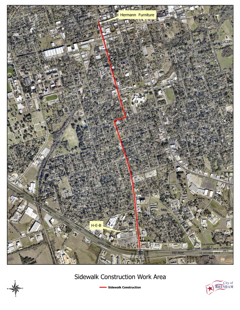 Sidewalk Construction map showing path of construction along business 36 - click for pdf
