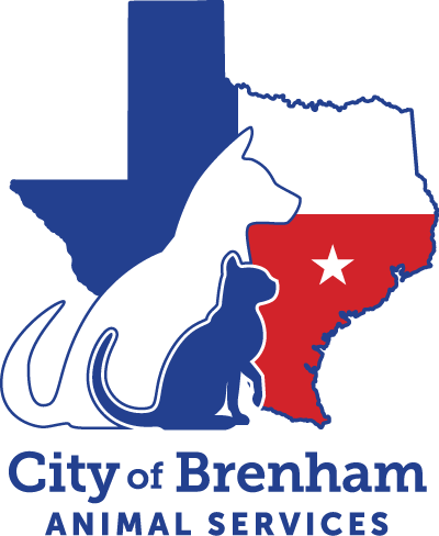 City of Brenham animal services logo - outline of dog and cat on top of shape of texas.