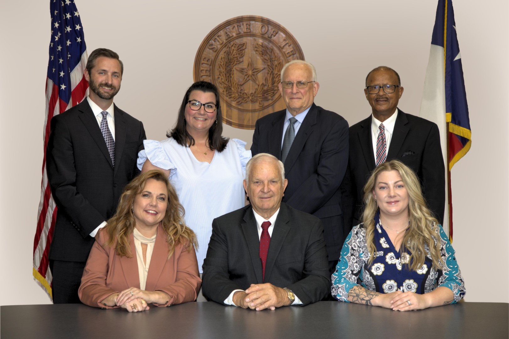 Mayor and Council group photo - Left to right - back row: Clint Kolby, Leah Cook, Dr. Paul LaRoche III, Albert Wright, front row: Adonna Saunders, Atwood Kenjura, Shannan Canales