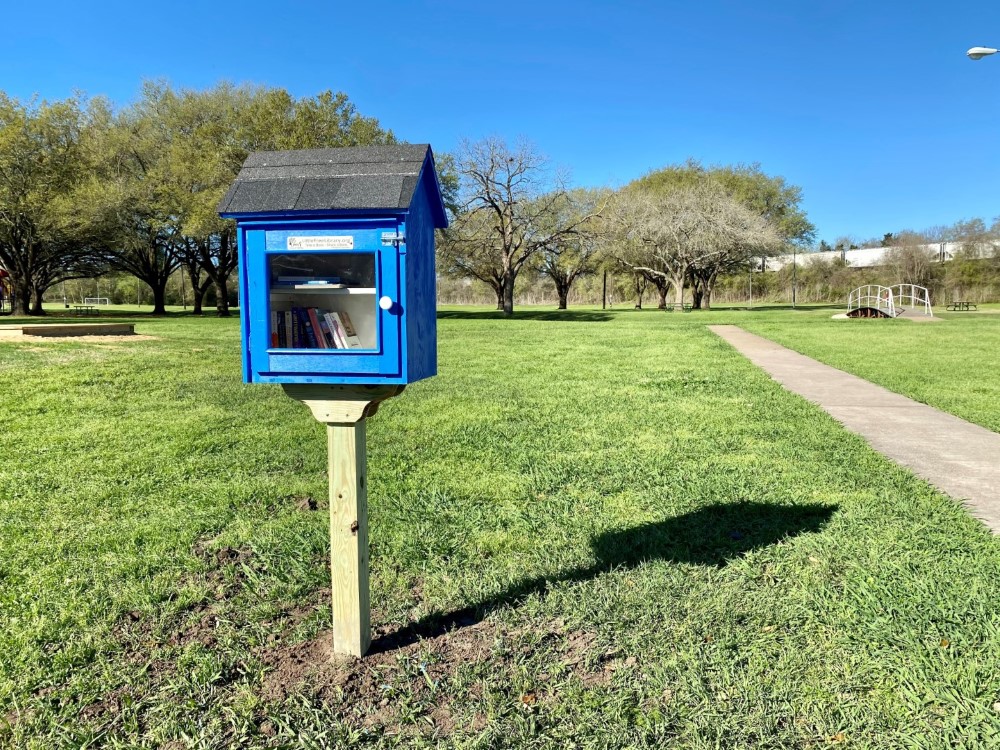 a little house for books on a pedestal in Jackson street park - little free library