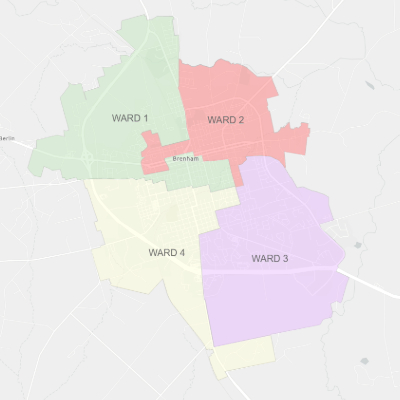 City of Brenham Ward Map - click to open arcgis interactive map to locate wards by address